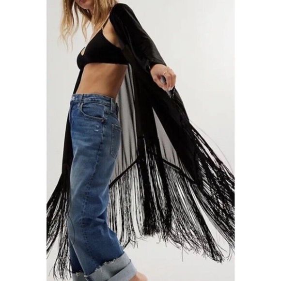 Free People Black Velvet Dreams Fringe Kimono OS New - Picture 8 of 12